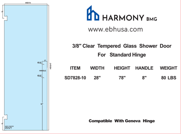 SD7828-10,  3/8“ Clear Tempered Glass Shower Door, 28