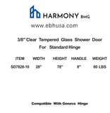 SD7828-10,  3/8“ Clear Tempered Glass Shower Door, 28"x78".