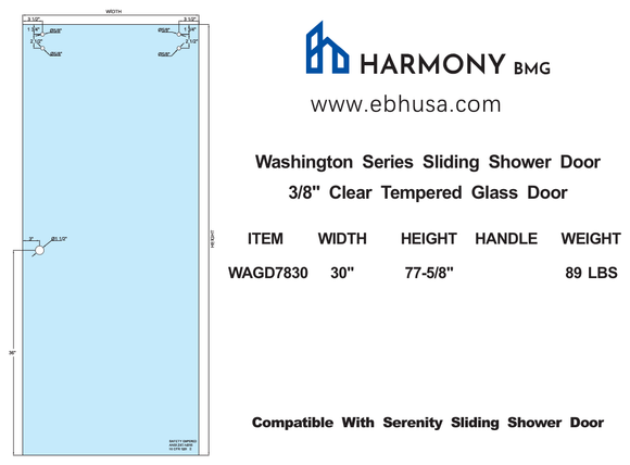 WAGD7830, Washington Series Tempered Glass Sliding Door, 30